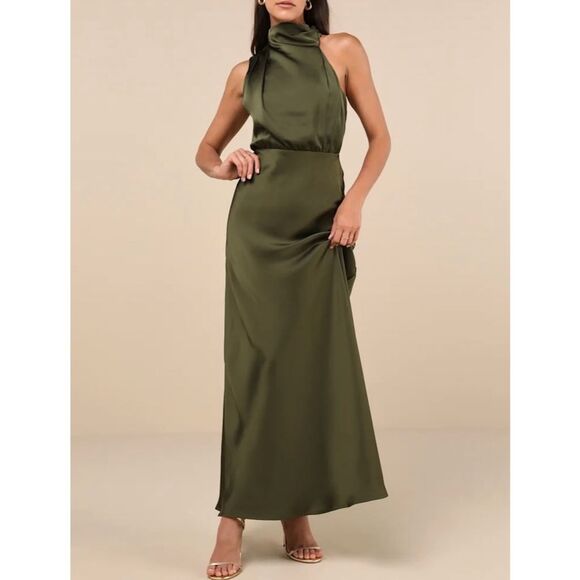 NWT Lulus Women's Distinctive Charm Olive Green Satin Asymmetrical Maxi Dress L - Picture 1 of 10